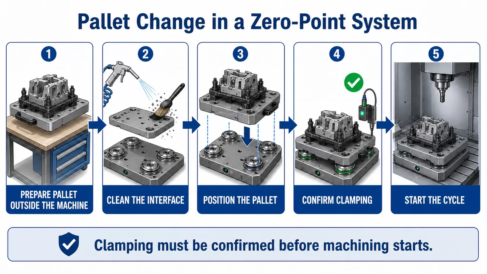 Five steps for changing a pallet in a zero-point workholding system